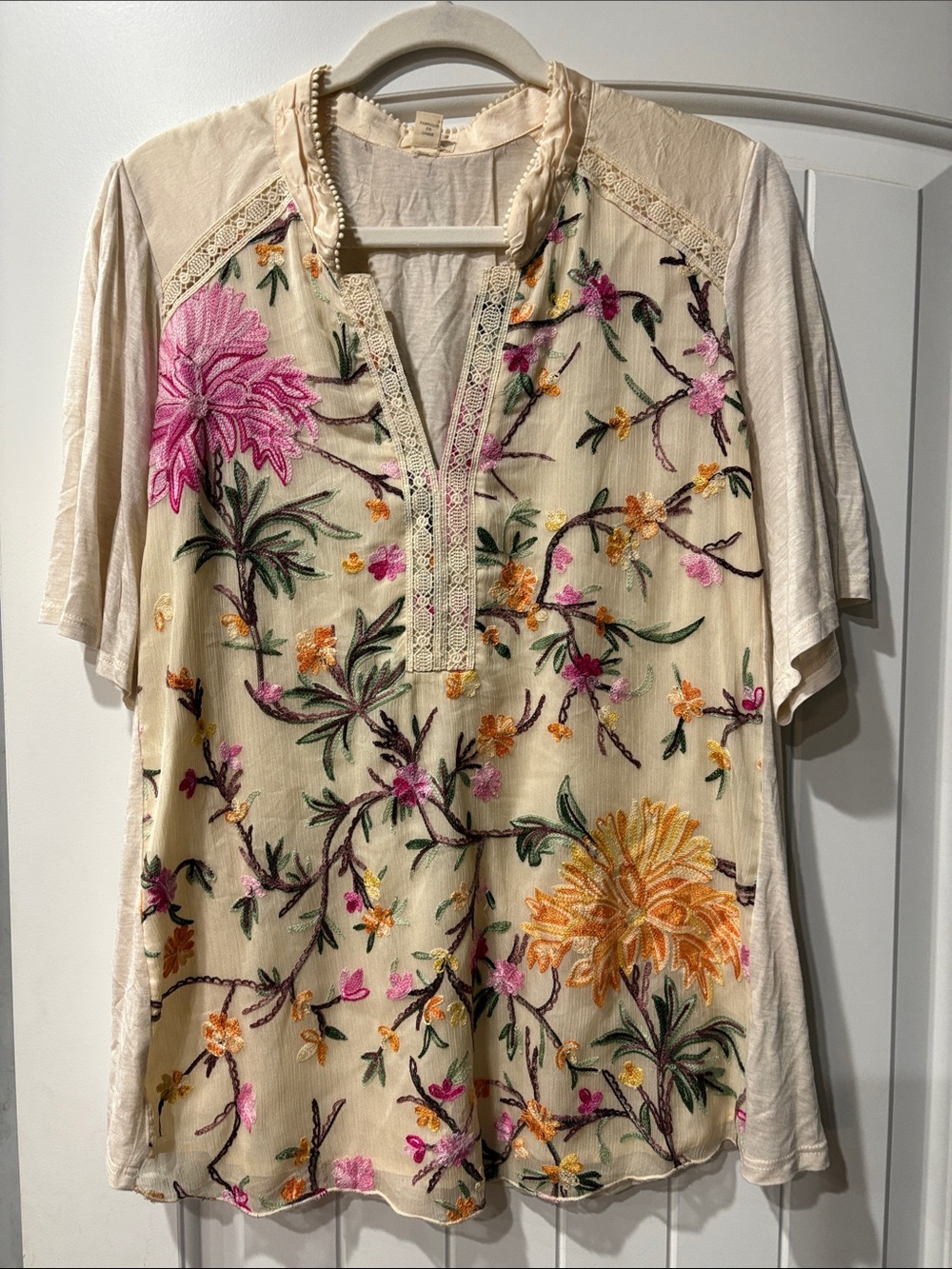 Cream Floral Embroidered Split-Neck Blouse from Tiny